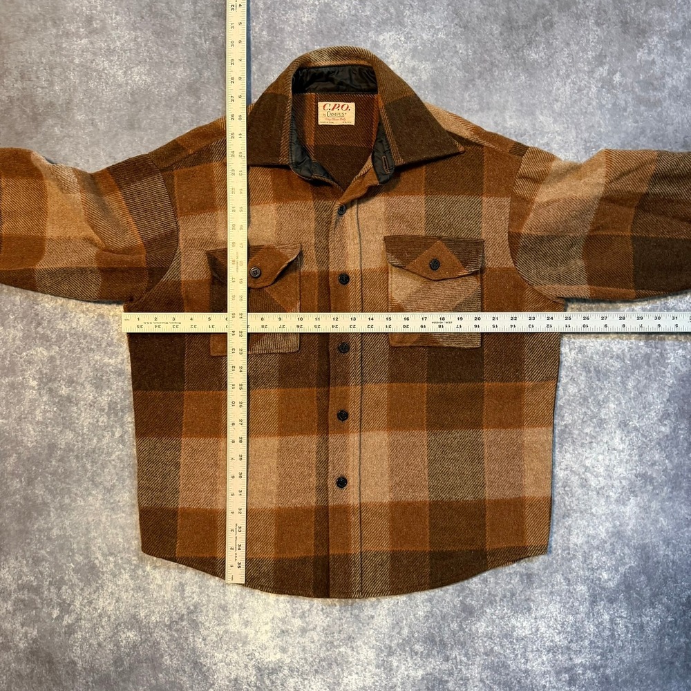 Vintage 60s 70s C.P.O. Campus Mens Brown Plaid Wool Blend Shirt Jacket L 16-16.5 - Picture 4 of 8